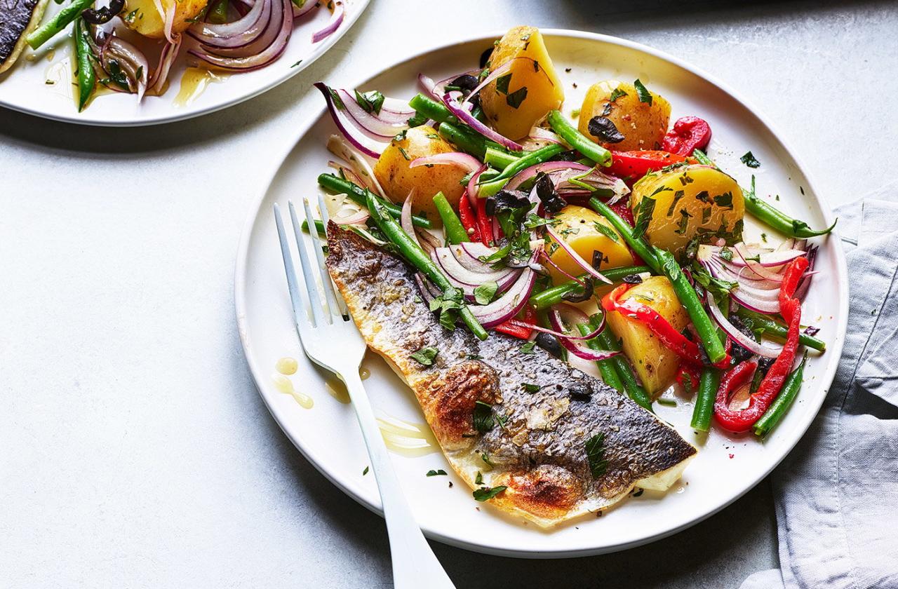 Grilled Sea Bass Fillets With Mediterranean Potato Salad Recipe | Sea Bass  Recipes | Tesco Real Food