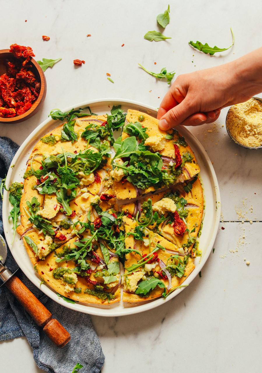 Socca Pizza with Sun-Dried Tomatoes & Pesto | Minimalist Baker Recipes