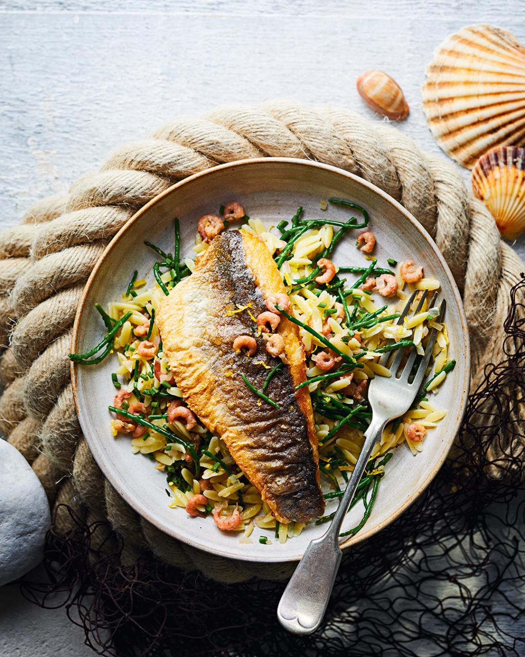 Sea bass with buttered brown shrimp orzo recipe | Sainsbury`s Magazine
